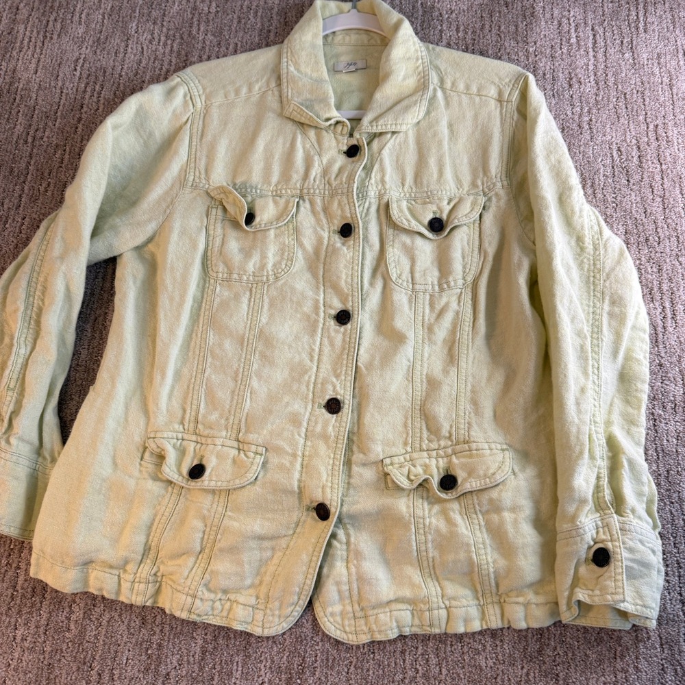 J. Jill Pale Lime Green Linen Blend Button Front 4-Pocket Utility Jacket Small